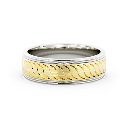 Two-Tone 18K White/Yellow Gold Satin Pattern with Milgrain Edge 6mm Wedding Band