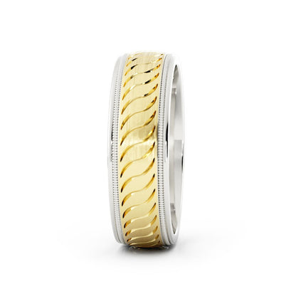 Two-Tone 18K White/Yellow Gold Satin Pattern with Milgrain Edge 6mm Wedding Band