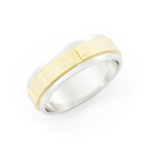 Two-Tone 18K White/Yellow Gold Satin Vertical Groove 6mm Wedding Band