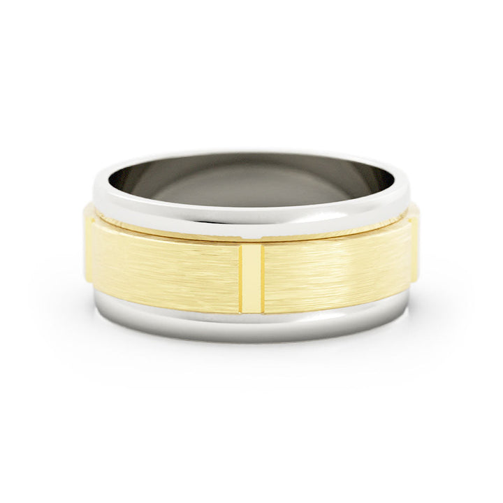 Two-Tone 18K White/Yellow Gold Satin Vertical Groove 8mm Wedding Band