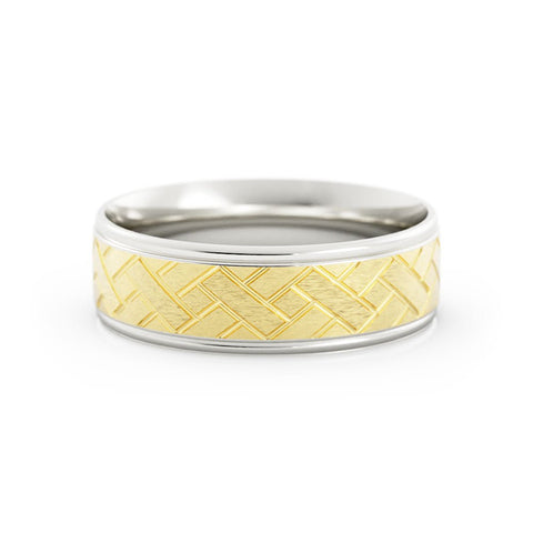 Two-Tone 18K White/Yellow Gold Satin Weave Pattern 6mm Wedding Band
