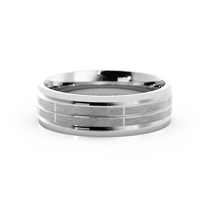18K White Gold Satin Beveled Pattern with Grooves 6mm Wedding Band