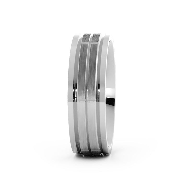 18K White Gold Satin Beveled Pattern with Grooves 6mm Wedding Band