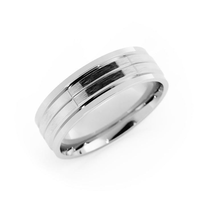 18K White Gold Satin Beveled Pattern with Grooves 6mm Wedding Band