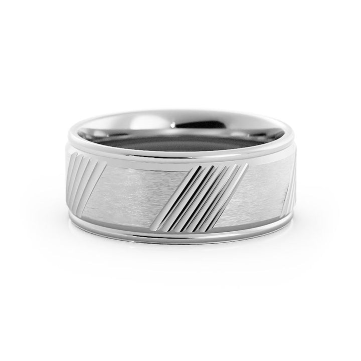 18K White Gold Satin Diagonal Groove 8mm Wedding Band