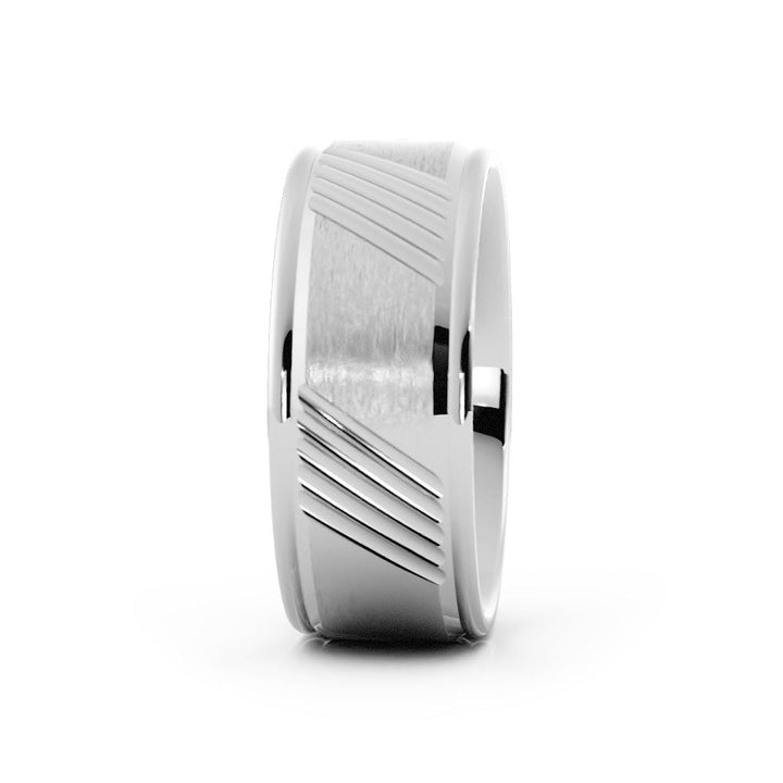 18K White Gold Satin Diagonal Groove 8mm Wedding Band