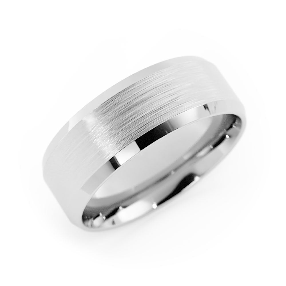18K White Gold Satin Flat Beveled Edge 7mm Wedding Band