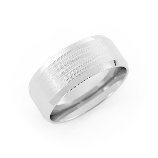 18K White Gold Satin Flat Beveled Edge 8mm Wedding Band