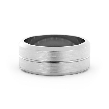 18K White Gold Satin Flat Beveled Edge with Center Groove 8mm Wedding Band