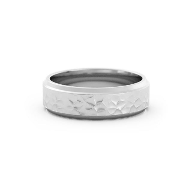 18K White Gold Hammered Flat with Double Beveled Edge 6mm Wedding Band