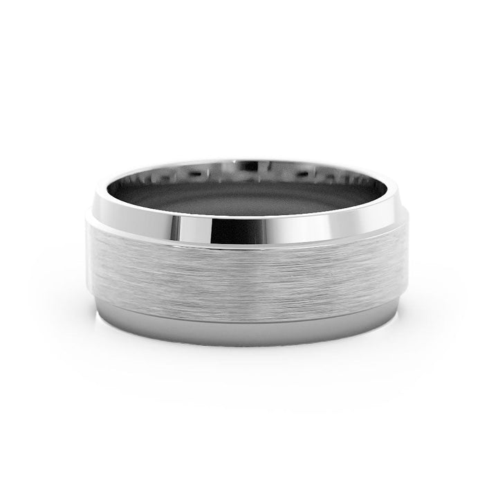 18K White Gold Satin Flat with Double Beveled Edge 8mm Wedding Band