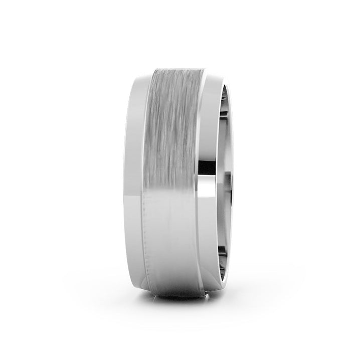 18K White Gold Satin Flat with Double Beveled Edge 8mm Wedding Band