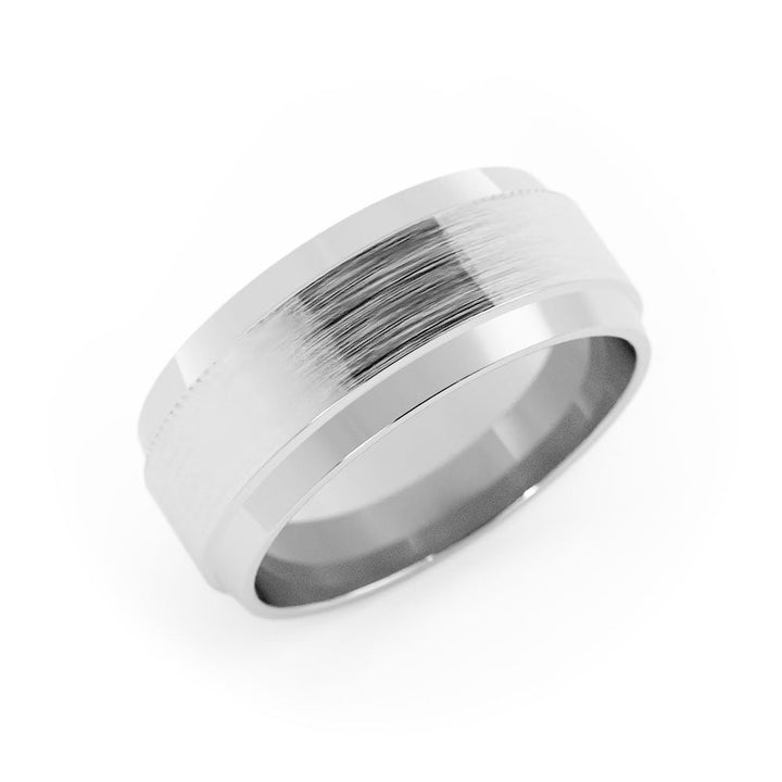 18K White Gold Satin Flat with Double Beveled Edge 8mm Wedding Band