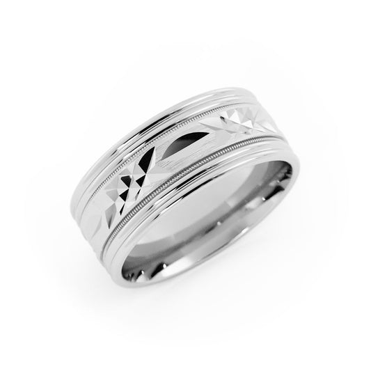 18K White Gold Satin Geometric Pattern 8mm Wedding Band