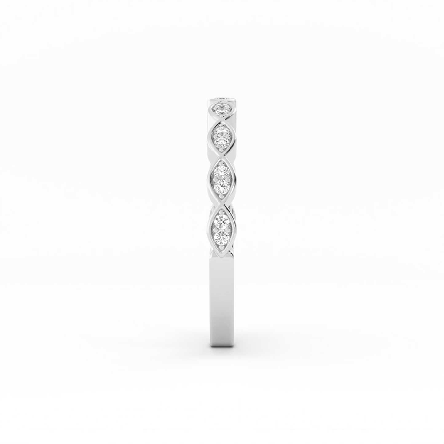 18K White Gold Round Half Shank Eyelet Paired Stone Lab Grown Diamond Wedding Band