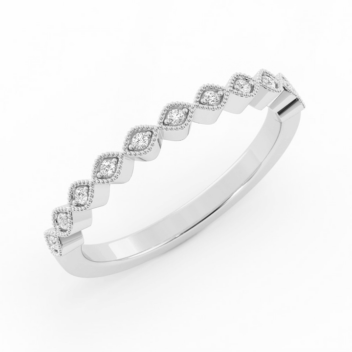 18K White Gold Round Half Shank Eyelet Milgrain Natural Diamond Wedding Band