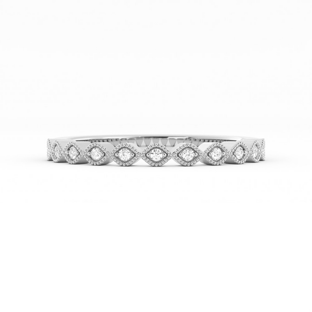 18K White Gold Round Half Shank Eyelet Milgrain Natural Diamond Wedding Band