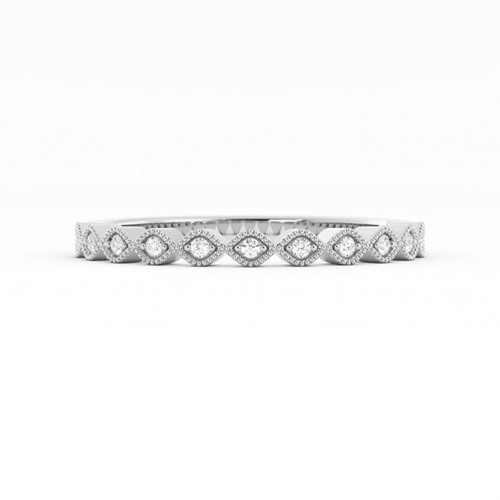18K White Gold Round Half Shank Eyelet Milgrain Natural Diamond Wedding Band