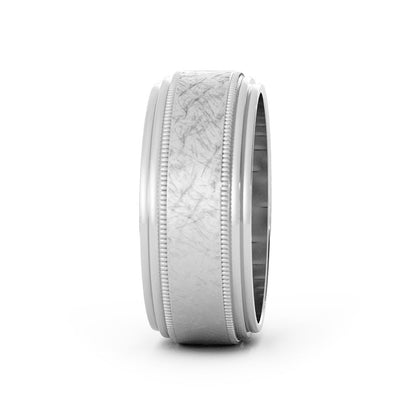 18K White Gold Scratch Milgrain Center with Double Groove 8mm Wedding Band