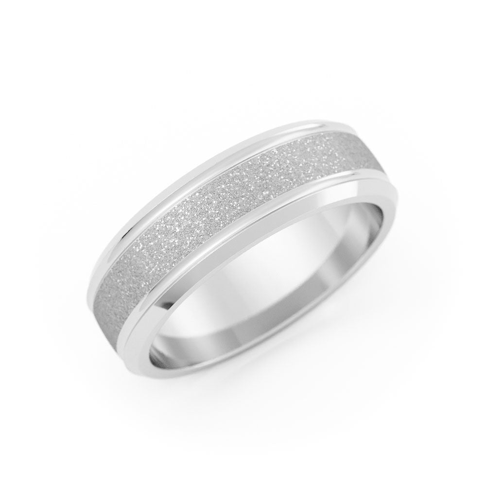 18K White Gold Rugged Sandblast Outside Groove with Beveled Edge 6mm Wedding Band