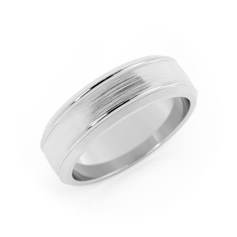 18K White Gold Satin Outside Groove with Beveled Edge 6mm Wedding Band