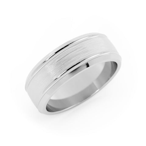 18K White Gold Satin Outside Groove with Beveled Edge 7mm Wedding Band