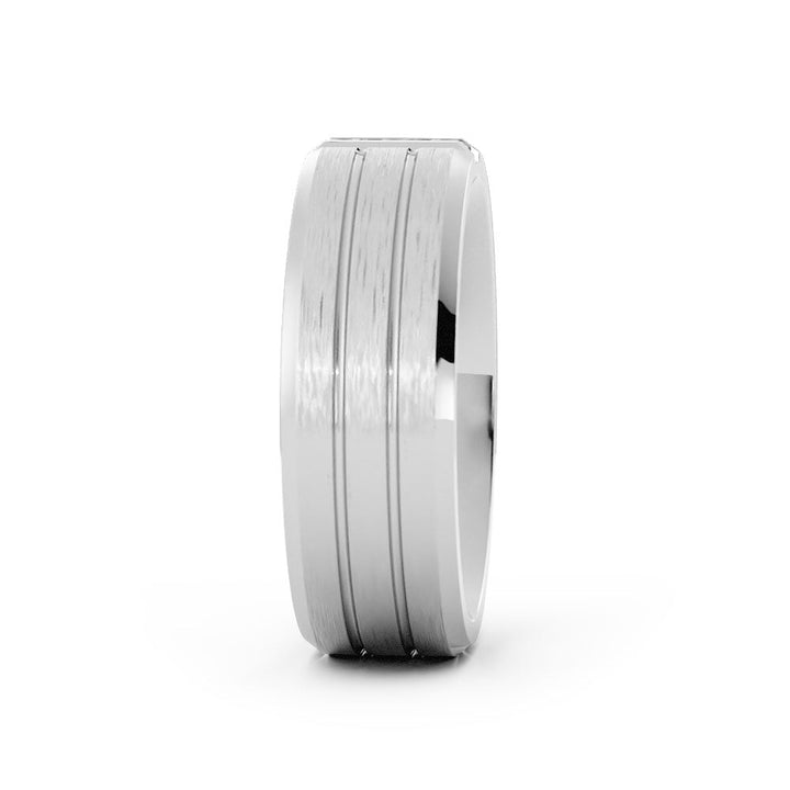 18K White Gold Round Triple Lab Grown Diamond with Double Groove Wedding Band