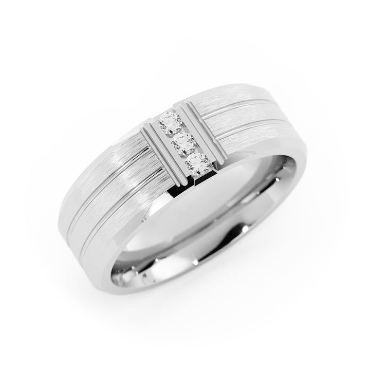 18K White Gold Round Triple Lab Grown Diamond with Double Groove Wedding Band