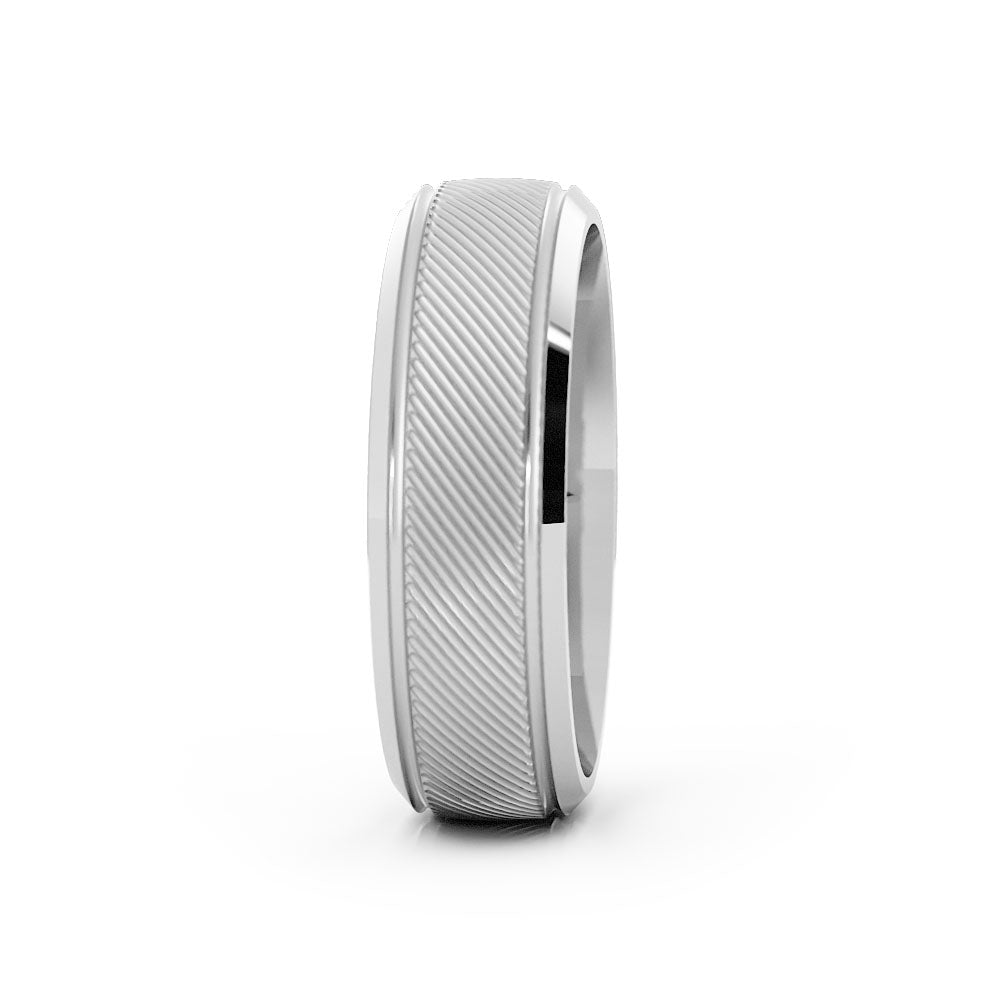 18K White Gold High Polish Two Grooves with Diagonal Lines 6mm Wedding Band