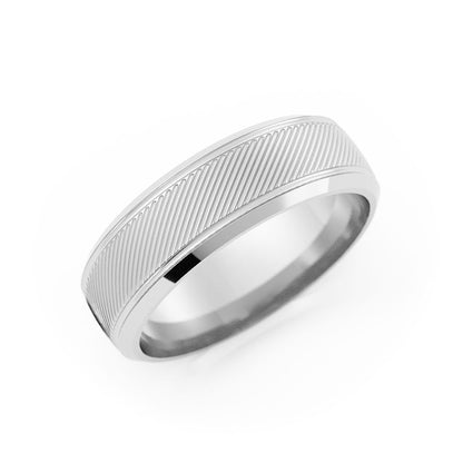 18K White Gold High Polish Two Grooves with Diagonal Lines 6mm Wedding Band