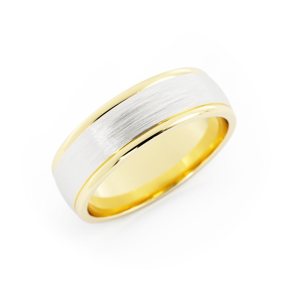 Two-Tone 18K Yellow/White Gold Satin Elevated Center 6mm Wedding Band
