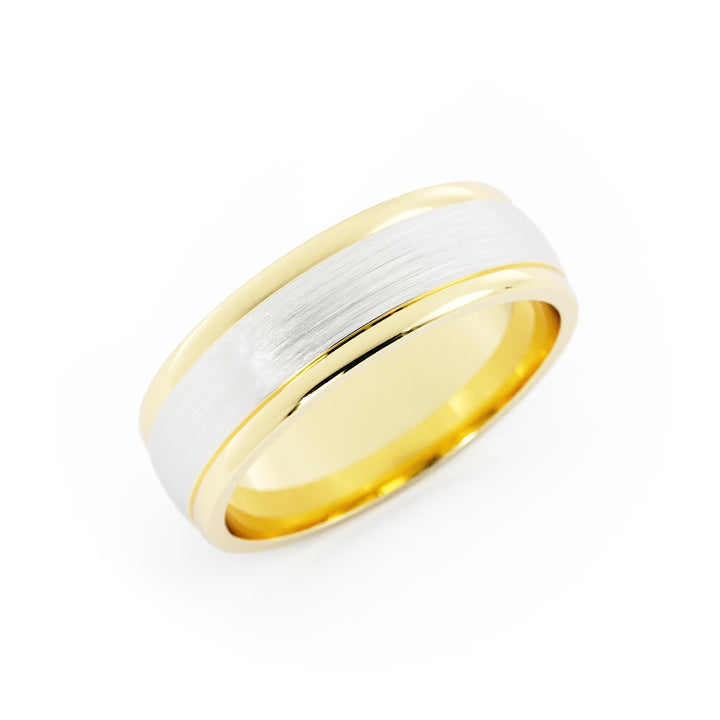 Two-Tone 18K Yellow/White Gold Satin Step-Down Edge 6mm Wedding Band