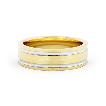 Two-Tone 18K Yellow/White Gold Satin Double Outside Groove 6mm Wedding Band