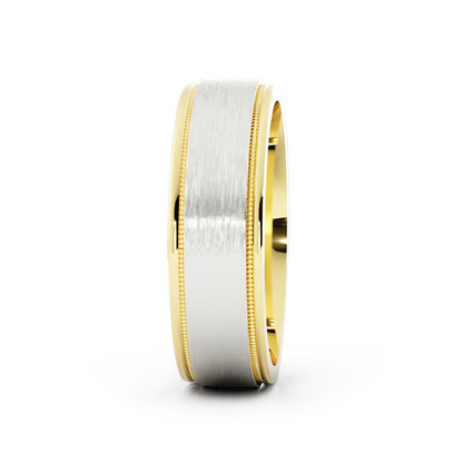 Two-Tone 18K Yellow/White Gold Satin Flat with Milgrain Edge 6mm Wedding Band