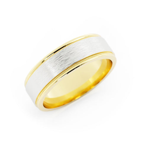 Two-Tone 18K Yellow/White Gold Satin Flat with Milgrain Edge 6mm Wedding Band