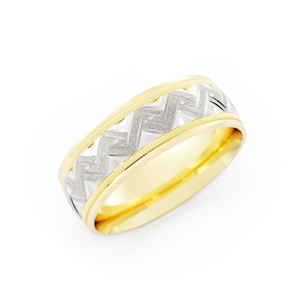 Two-Tone 18K Yellow/White Gold Rugged Sandblast Milgrain Edge with Weave Pattern 7mm Wedding Band