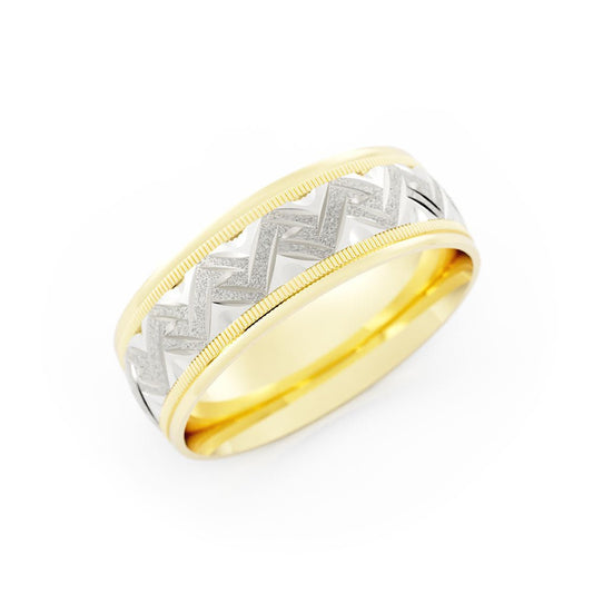 Two-Tone 18K Yellow/White Gold Rugged Sandblast Milgrain Edge with Weave Pattern 7mm Wedding Band