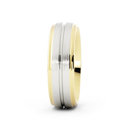 Two-Tone 18K Yellow/White Gold Satin with Center Groove 6mm Wedding Band