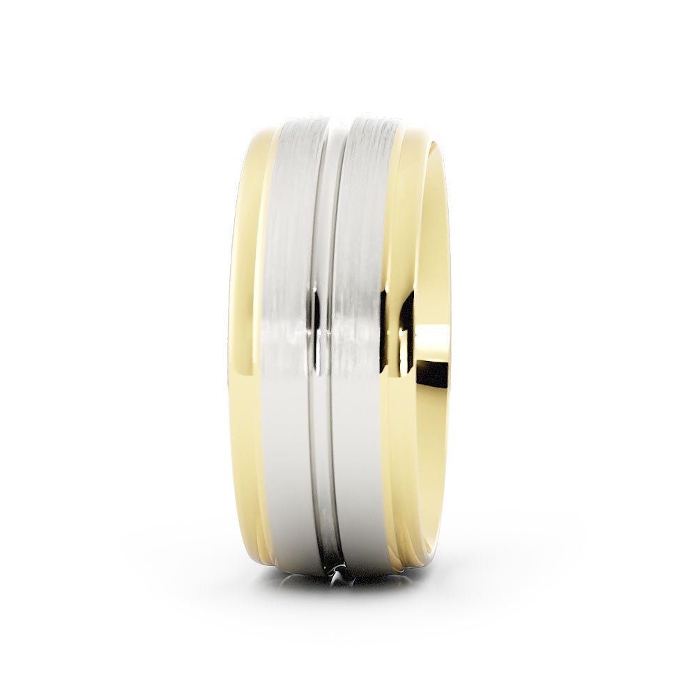 Two-Tone 18K Yellow/White Gold Satin with Center Groove 8mm Wedding Band