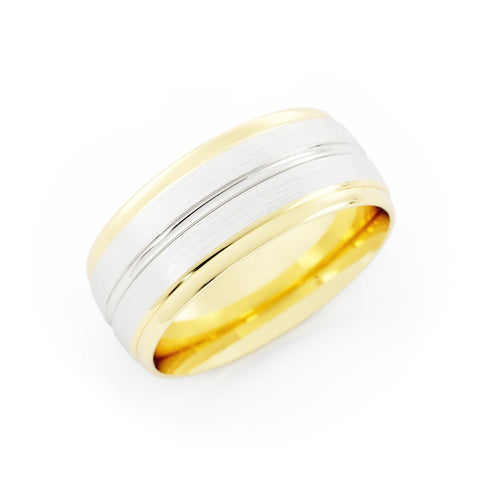 Two-Tone 18K Yellow/White Gold Satin with Center Groove 8mm Wedding Band