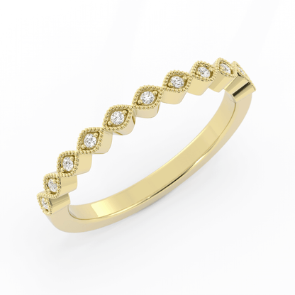 18K Yellow Gold Round Half Shank Eyelet Milgrain Lab Grown Diamond Wedding Band