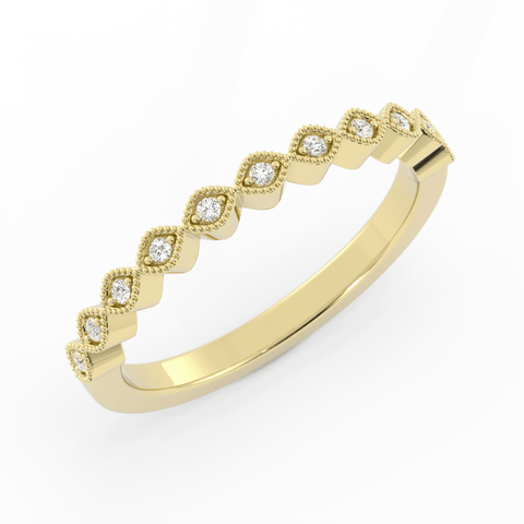 18K Yellow Gold Round Half Shank Eyelet Milgrain Lab Grown Diamond Wedding Band