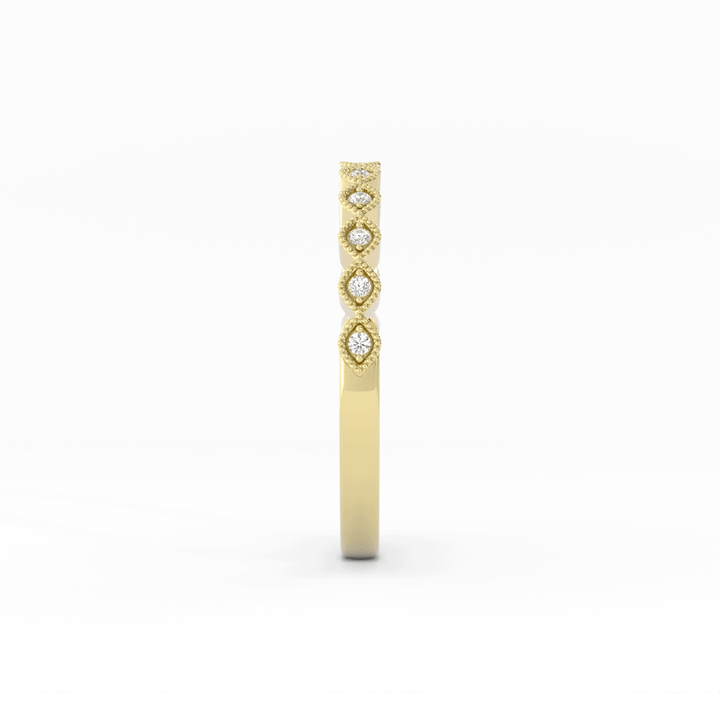 18K Yellow Gold Round Half Shank Eyelet Milgrain Lab Grown Diamond Wedding Band