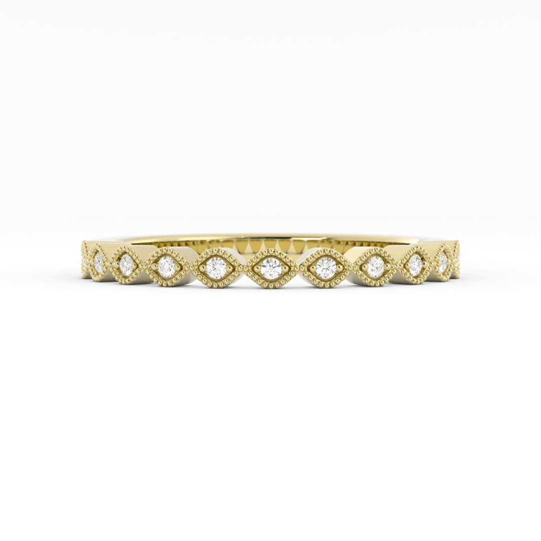 18K Yellow Gold Round Half Shank Eyelet Milgrain Lab Grown Diamond Wedding Band
