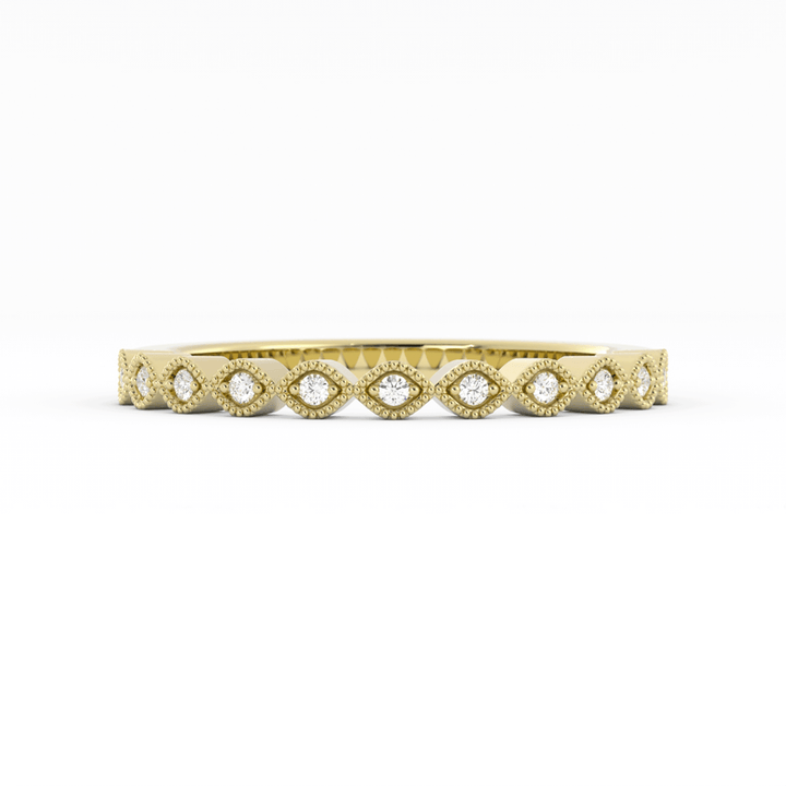 18K Yellow Gold Round Half Shank Eyelet Milgrain Lab Grown Diamond Wedding Band