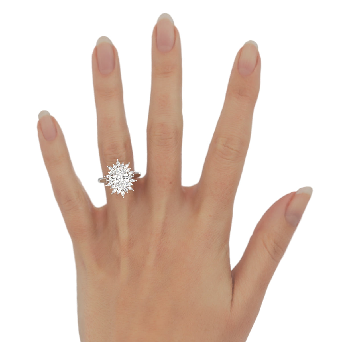 Custom platinum snowflake halo engagement ring worn on the hand