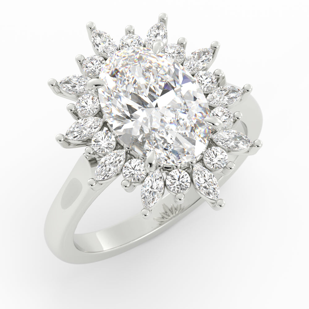 Custom engagement ring in platinum 950: natural oval diamond with a snowflake halo of marquise and round diamonds, photorealistic render