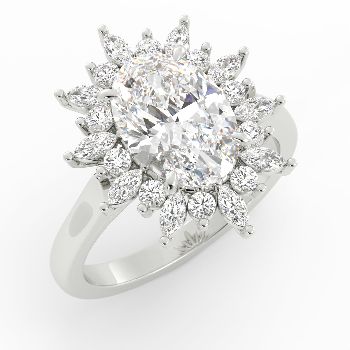 Custom engagement ring in platinum 950: natural oval diamond with a snowflake halo of marquise and round diamonds, photorealistic render