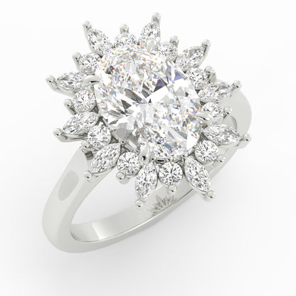 Custom engagement ring in platinum 950: natural oval diamond with a snowflake halo of marquise and round diamonds, photorealistic render