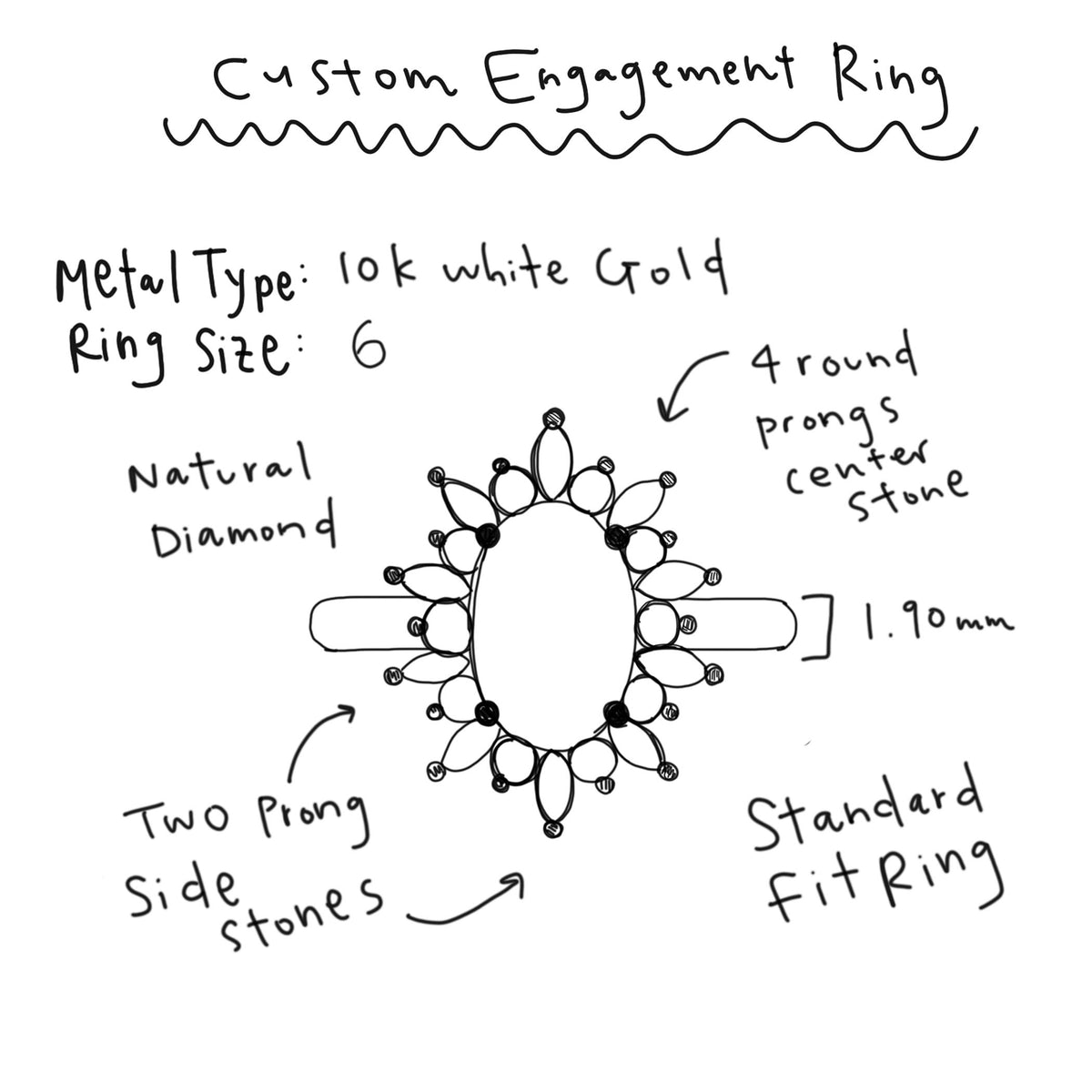 Designer's original concept sketch for the snowflake halo ring. The final ring was made in platinum 950 with natural diamonds
